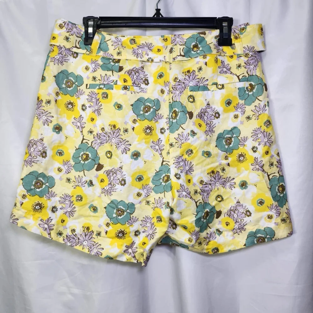 Ann Taylor Women’s Belted Shorts Yellow Floral Linen Blend Pleated Front M